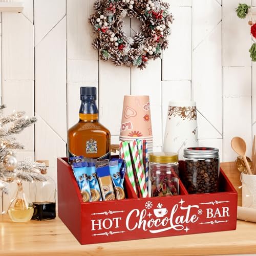 Barydat Christmas Hot Cocoa Bar Wood Coffee Station Organizer Countertop with 4 Compartment Coffee Bar Decorative Holder