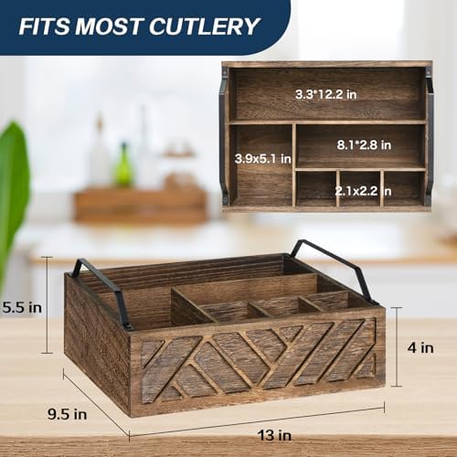 Ukonvi Flatware Organizers Paper Plate Dispenser with Handles, Paper Plate Holder for Kitchen Counter, Wood Rustic Silve