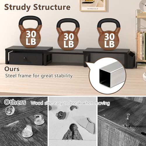 LAND·VOI Dual Monitor Stand with Drawer and Side Pockets, Monitor Riser for Desk, Home Office Desk Storage, Multi-Scenar