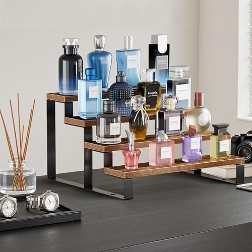 Boulphia Cologne Organizer for Men, 12 Inch Wood Cologne Stand 4 Tier Perfume Organizer for Dresser, Versatile Step Disp