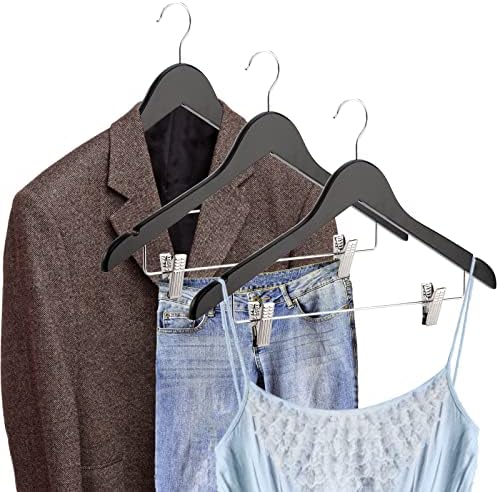 Tosnail 12-Pack Wooden Pants Clothes Hangers, Wooden Suit Hangers with Steel Clips and Hooks, Natural Solid Wood Collection Skirt Hangers, Standard Clothes Hangers - Black