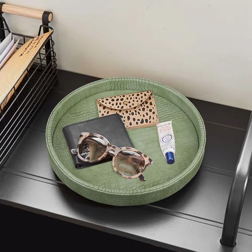 HofferRuffer Faux Leather Round Serving Tray, Vegan Croco Leather Decorative Food Tray for Storage Drinks, Snack & Cosme