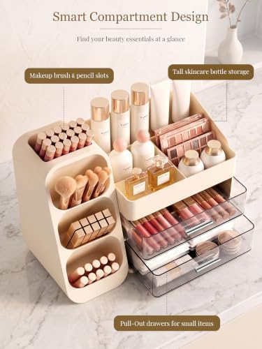Booklov Large Makeup Organizer for Vanity Countertop, Cream