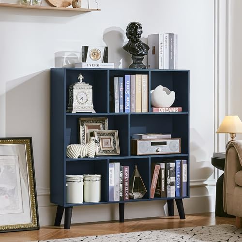 LEYAOYAO 8 Cube Bookshelf,Mid-Century Modern Book Shelf with Legs,Dark Blue