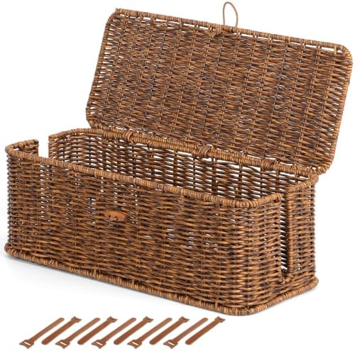 Cable Management Box, Cord Organizer with Lid & Cable Ties - Brown, L