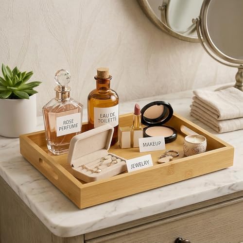 Perfume Plate Tray with Handle - Natural Bamboo Wood Display Tray for Dresser, Coffee Table, or Bathroom, 11.4x7.9 Inche
