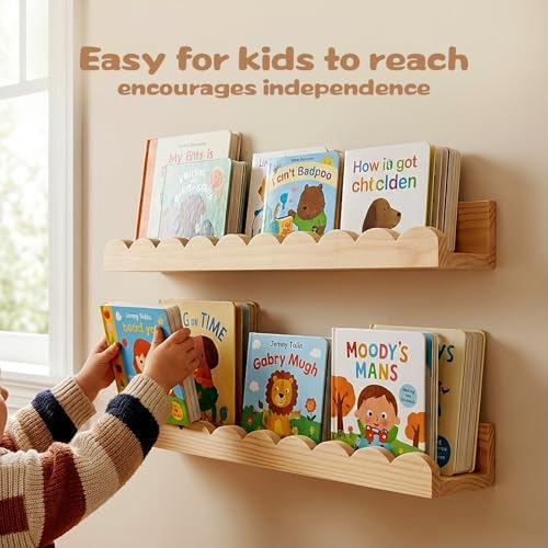 Nursery Floating Shelves for Kids Room, 2 Pack 23.6 Inch Natural Wood Wall Shelves with Scalloped Edge, Kids Bookshelves