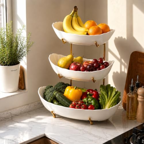 HBlife 3 Tier Large Fruit Bowl, Ceramic Fruit Basket for Kitchen Counter