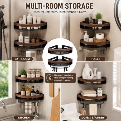 1PC Shower Corner Shelf, Walnut Wood & Stainless Steel Caddy