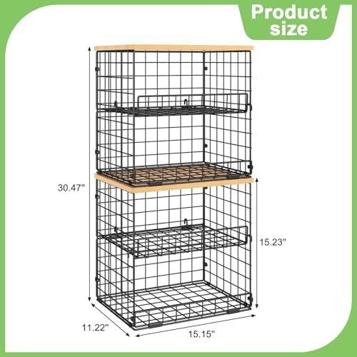 4 Pack Stackable Wire Baskets for Pantry Organizers and Storage, Pantry Baskets with Fixed Wooden Top, Fruit and Vegetab