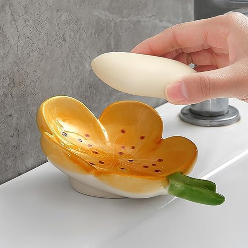 Self-Draining Soap Dish Ceramic Cute Bar Soap Holder for Countertop, Kitchen, Bathroom, Bedroom, Peach Blossom, Orange