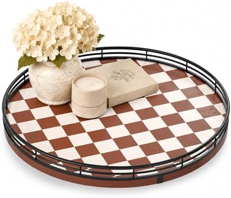 AMH 12-Inch Brown Checkerboard Lazy Susan with Black Metal Rail