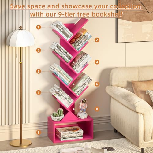 SHEEPAM 9-Tier Tree Bookshelf Floor Standing Narrow Space Storage Bookcase