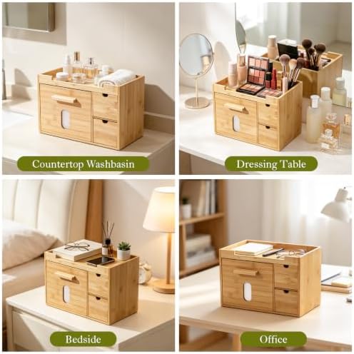Bamboo Face Towel Holder with 3 Drawers, Vanity Skincare Organizer