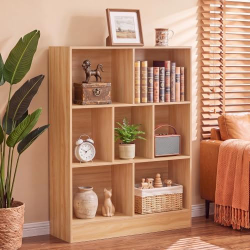 YAHARBO 3 Tier 7 Cube Mini Thin Bookshelf, Short Shallow Bookcase, Natural