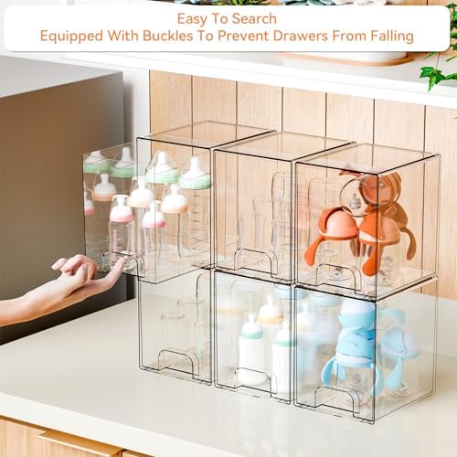 Yieach 7.5" High Stackable Storage Bins,4 Pack Bottle Station and Baby Bottle Storage Organizer for Countertop,Clear Acr