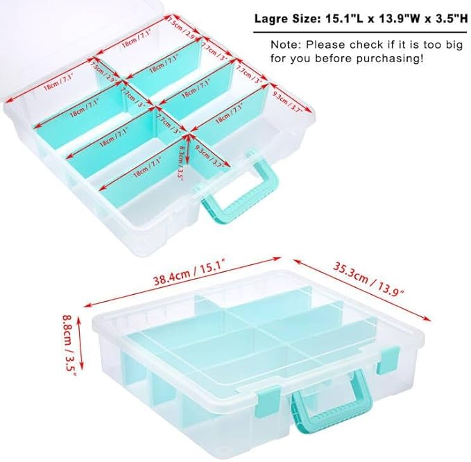 BTSKY Clear Plastic Dividing Storage Box with 8 Compartments Adjustable Storage Bin with Lid Portable Craft Storage Container Multipurpose Sewing Box Art Supply Organizer, 15.1x13.9x3.5 Inches