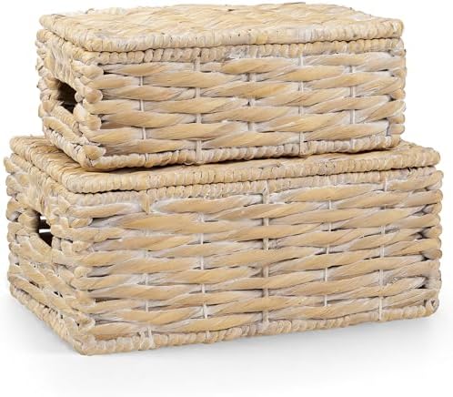 Set of 2 White Wicker Baskets with Lid