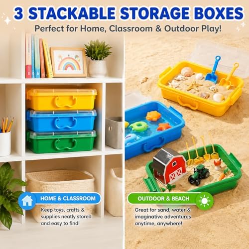 Sensory Bin with Lid for Toddlers 3 Pack 12.8 in, Stackable toy bins