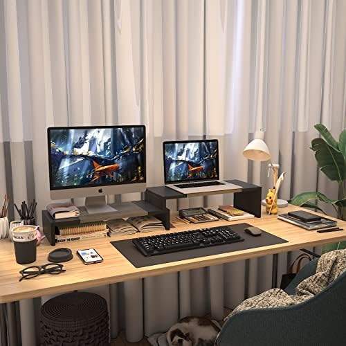 WESTREE Dual Monitor Stand Riser - 2 Shelf Computer Stand with Adjustable Length and Angle, Desktop Organizer for 2 Moni
