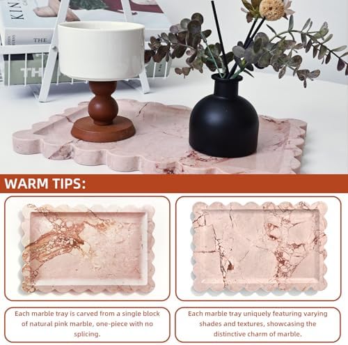 Yew & Tulip Natural Marble Vanity Tray with Scalloped Rim, Nature Rose Pink Luxury Stone Serving Tray for Bathroom, Kitc