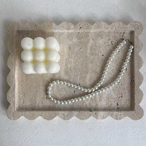 Natural Scalloped Marble Tray, 10.7"x7.87", Rectangle for Bathroom & Kitchen, Decorative for Dresser (Beige Travertine)