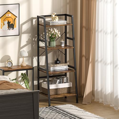 4-Tier Bookshelf, Ladder Shelf, Stand Up Shelves, Industrial Bookcase with Steel Frame, Metal Small Bookcase, for Living