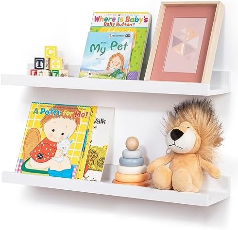 FLYJOE Picture Ledge Shelf for Wall, 24 inch Solid Ash Wood Nursery Book Shelves 2 Packs, Floating Shelves for Kids' Room Bedroom Bathroom Living Room Photo Frames Office Nursey Wall Decor, White