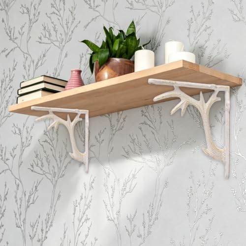 2PCS Cast Iron Deer Antler Wall Shelf Brackets, 6.2in (H), White