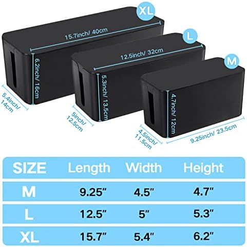 Cable Management Box, 3 Pack Cord Organizer Boxes with 33 PCS Cable Management Set to Cover Hide Power Strip, Surge Prot