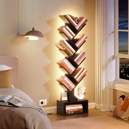 Hoctieon 9 Tier Tree Bookshelf, Tall Bookcase, Freestanding Book Shelf with LED Lights, Display Floor Standing Storage S