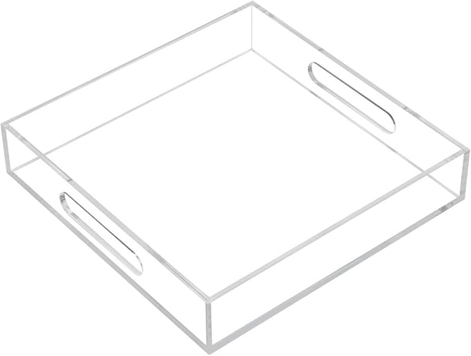 KEVLANG Clear Sturdy Acrylic Serving Tray with Handles - 10x10Inch - Coffee, Appetizer, Breakfast, Butler Tray - Kitchen Countertop & Vanity Table Organizer