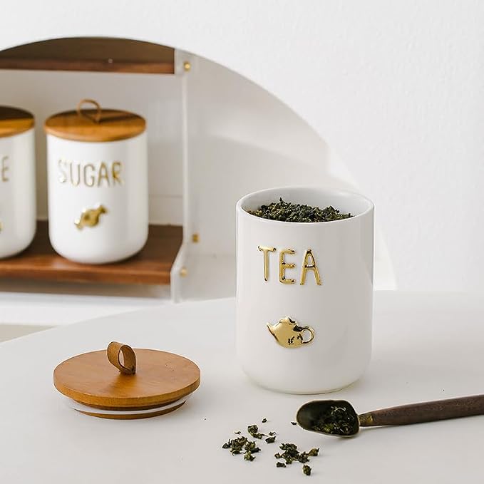 Simcat 27oz Ceramic Canister Set with Airtight Seal Bamboo Lid and Silicone Seal Damp-Proof Kitchen Jar Tea Coffee Sugar Canister Set Food Storage Containers (Portable sealed jar-(tea))