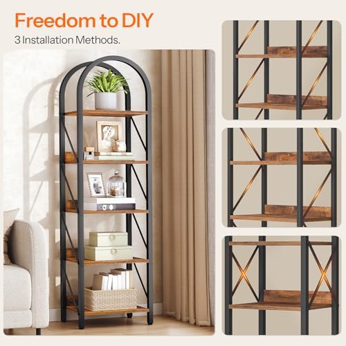 HOOBRO Bookshelf, 5-Tier Arched Bookshelf, Industrial Bookcase with Metal Frame, Tall Book Shelf Storage Organizer for L