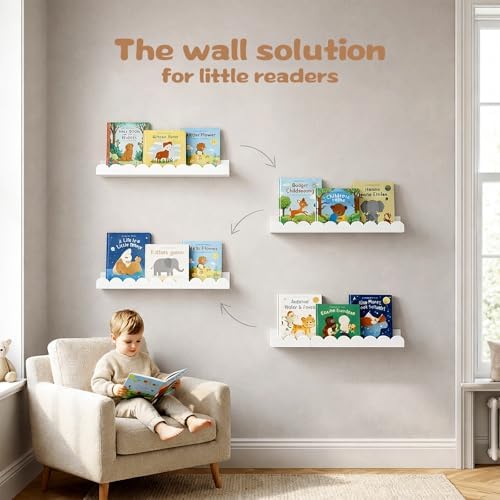Nursery Floating Shelves for Kids Room, 2 Pack 23.6 Inch White Wall Shelves with Scalloped Edge, Kids Bookshelves for To