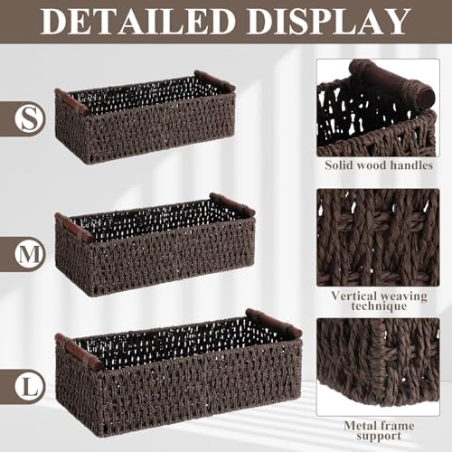 Boao 3 Pcs Boho Storage Wicker Baskets Handmade Woven Decorative Paper Rope Baskets for Organizing with Handle Counterto