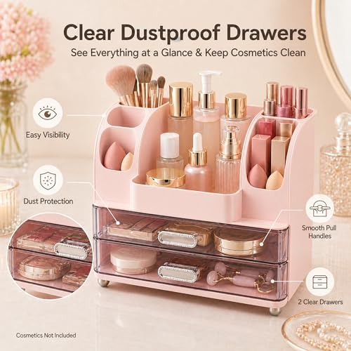 ROOM127 Makeup Organizer for Vanity with 2 Drawers, Cherry Blossom Pink