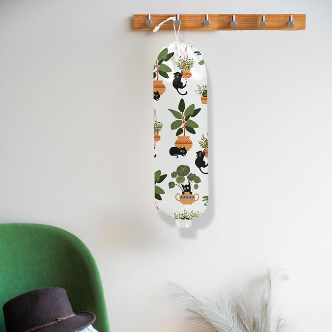 Cat Plastic Bag Holder 22.5x9 Inch, Greenery Wall Mount Plastic Bag Holders for Grocery Bags, Reusable Grocery Bags Storage Dispenser for Home Kitchen Pantry Decor, Plant Gifts for Women Cat Lovers