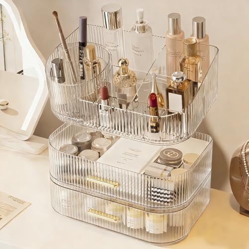 Makeup Organizer with 360 Rotating Brush Holder and Stackable Drawers, Cosmetic Display Case for Vanity, Bathroom Counte
