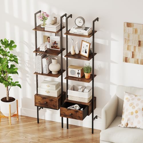 GIANTEX 5-Tier Ladder Bookcase with Drawer, 70" Tall Wall-Mounted Bookshelf with Metal Frame, Industrial Open Display Sh