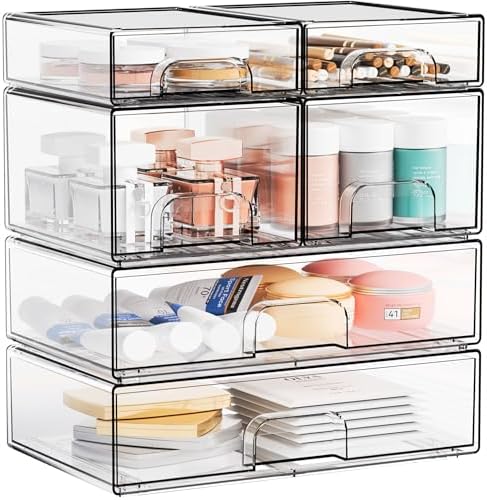 Yieach Clear Stackable Storage Drawers - Set of 6 - Acrylic Drawers,Bathroom Organizer Bin and Plastic Makeup Organizer,