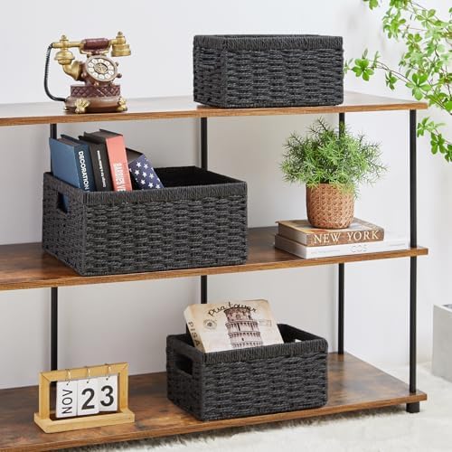 Vagusicc Wicker Storage Basket, Set of 3 Wicker Basket, Hand-Woven Paper Rope Storage Baskets for Organizing, Large Cube