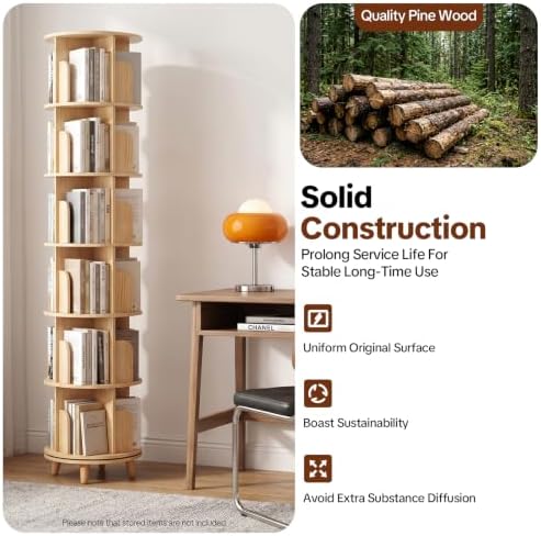 6 Tier Rotating Bookshelf Tower,Solid Wood Bookshelf with Legs,Round Revolving Bookcase for Small Spaces,Spinning Booksh