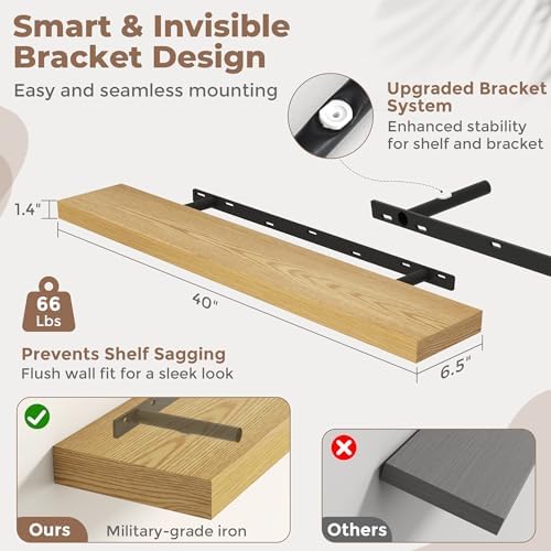 40 Inch Floating Shelves for Wall, 6.5"D Wood Storage Shelves, Oak Finish