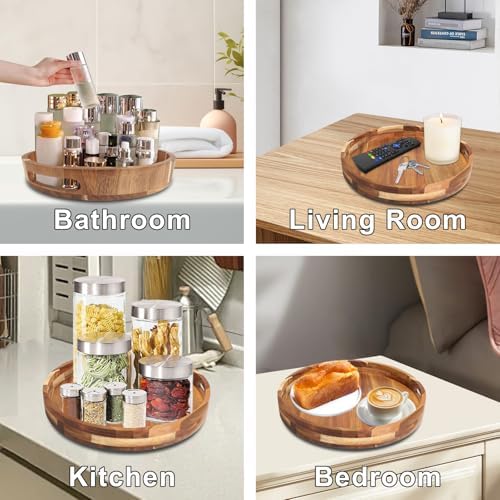 Acacia Wooden Lazy Susan for Table Top-12 Inch Wooden Lazy Susan Turntable with Double Handle-Large Acacia Wooden-Spice 
