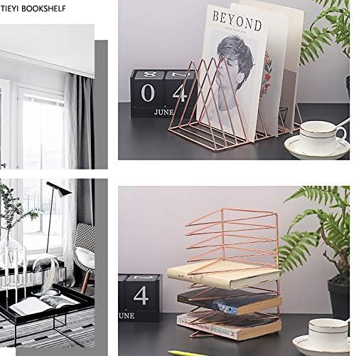 Magazine Rack Book Record Holder, Desktop Iron Storage Rack Bookshelf Multifunction Triangle File Organizer Decor Home Office (Rose gold)