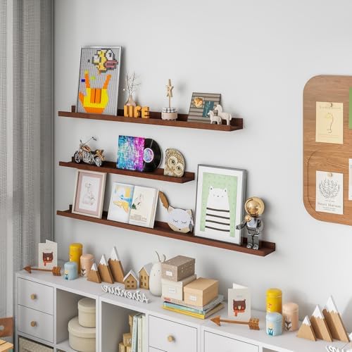 FLYJOE Picture Ledge Shelf for Wall, 36 inch Solid Ash Wood Nursery Book Shelves 2 Packs, Floating Shelves for Kids' Room Bedroom Bathroom Living Room Photo Frames Office Nursey Wall Decor, Walnut