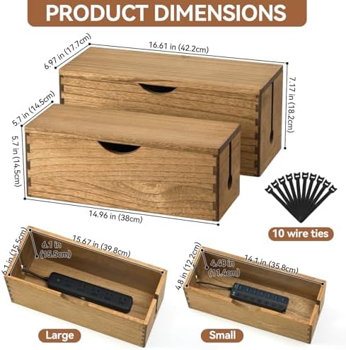 KIRIGEN Wooden Cable Management Box Set of 2, Cord Organizer, Brown