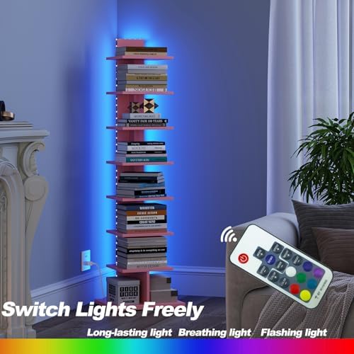 TUTOTAK Book Shelf, Narrow Spine Bookshelf, 8-Tier Bookcase with LED Lights