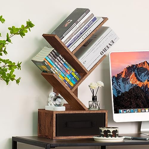SHEEPAM 4-Tier Tree Bookshelf Small Bookcase with Drawer